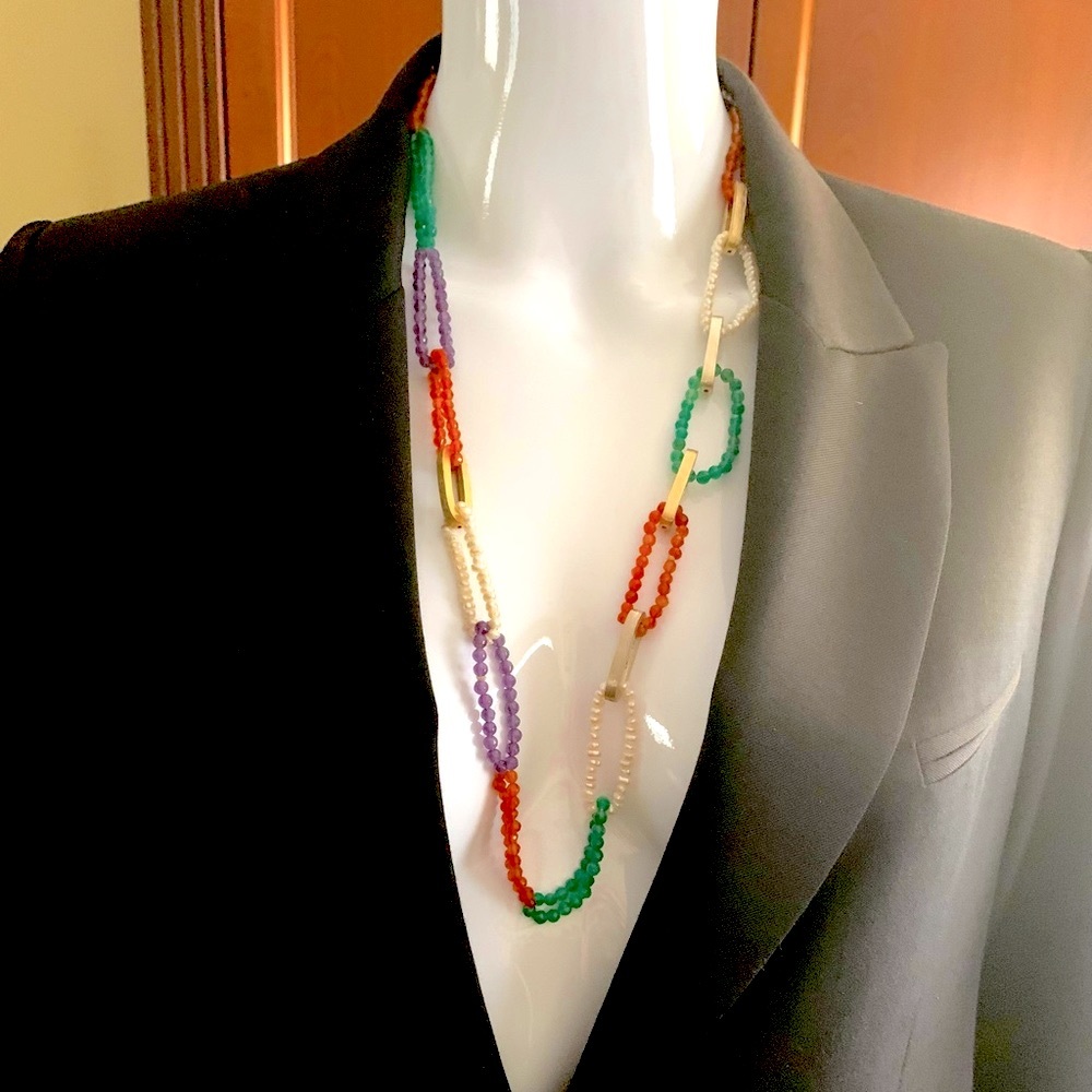 Green purple orange color semi-precious stones & pearls necklace metal bar rings